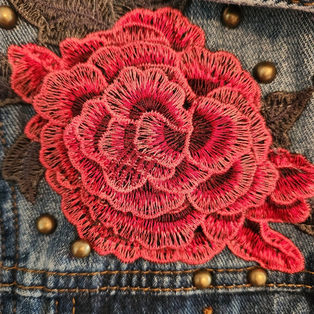 Boom Boom Jeans Blue Denim Jacket with Red Floral Embroidery - Picture 3 of 6
